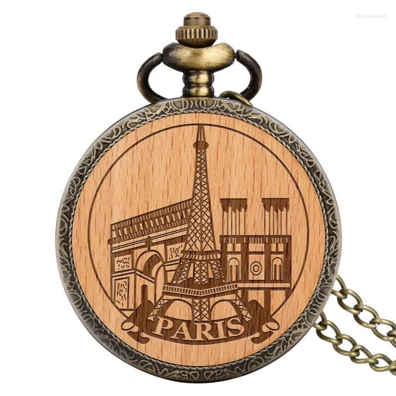 Pocket Watches Sculpted Engraved Eiffel Tower Paris France Building Figurine Statue Wood Crafts Quartz Watch Wooden Clock Souvenir Gifts