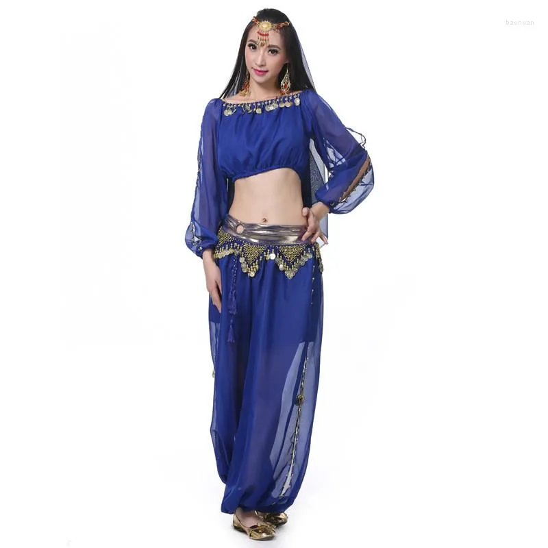 Stage Wear Lady Femmes Adulte Belly Dance Performance Vêtements 4 pièces Ensemble Hauts et pantalons avec des accessoires de danse de pièces d'or