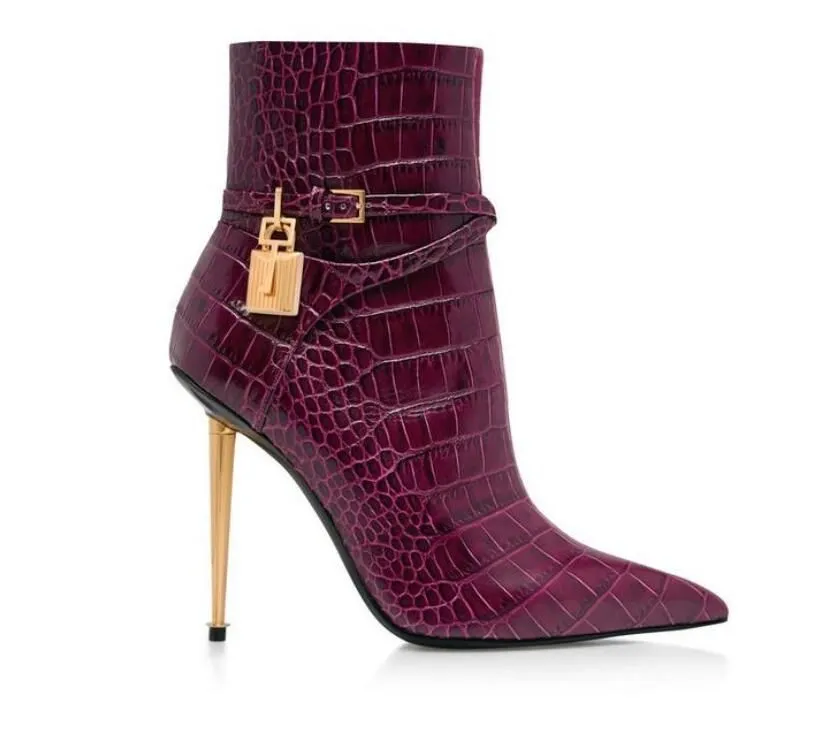Tom-ford-shoes Women Ankle boots luxury brands designer shoes Shiny stamped crocodile leather padlock ankle-boot pointy toe sexy woman
