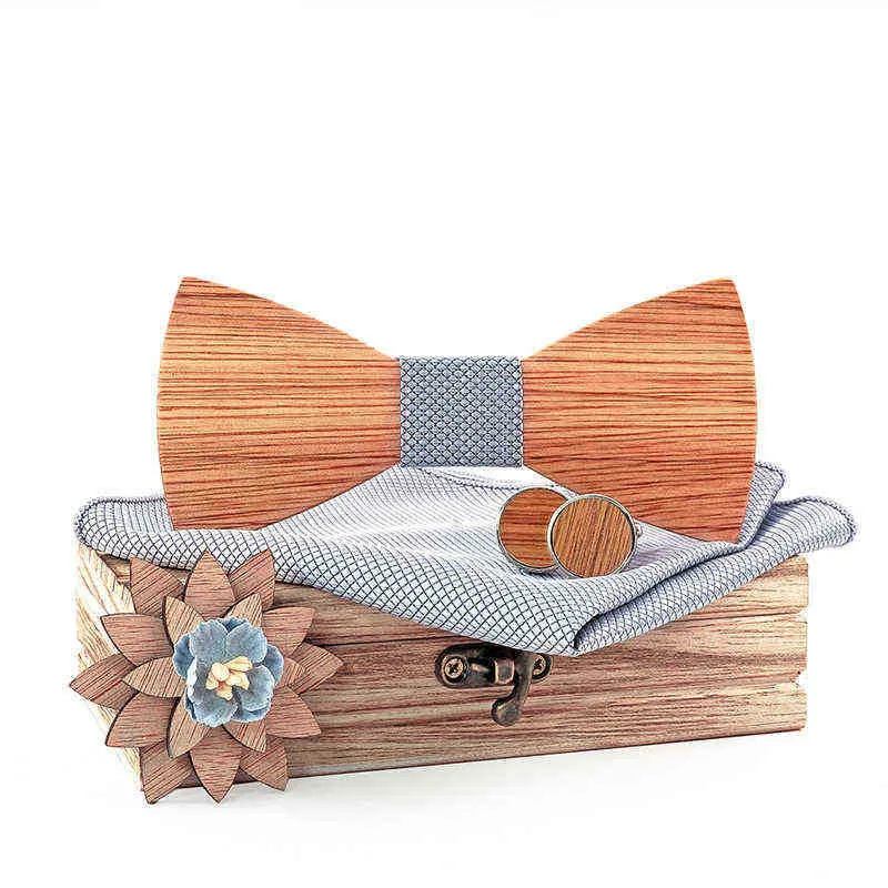 Linbaiway 3D Mens Wooden Bowtie Handkerchief Cufflinks Brooches Set Classic Solid Wooden Bowtie Suit Wedding Gravata Cravate J220816