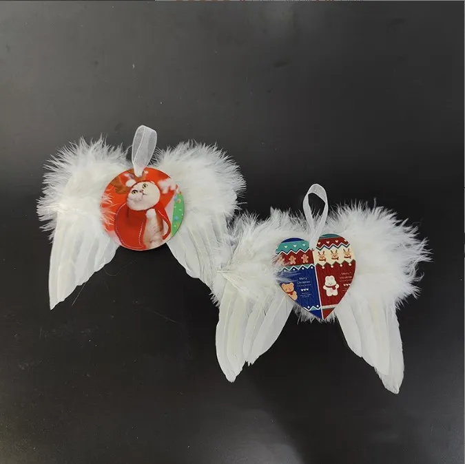 Transfert de chaleur ailes d'ange décoration de noël plumes pendentif rond et coeur Double couche bricolage arbre de noël étiquette suspendue