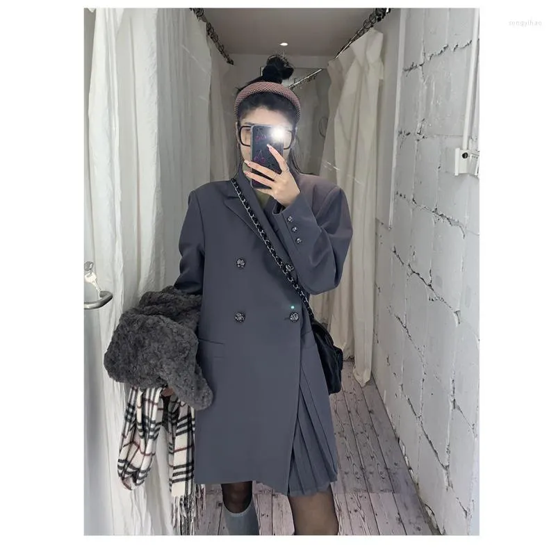 Women's Trench Coats Pleated Dress Overcoat Grey Suits Women Fashion Long Short Autumn Coat Vintage Female Outerwear