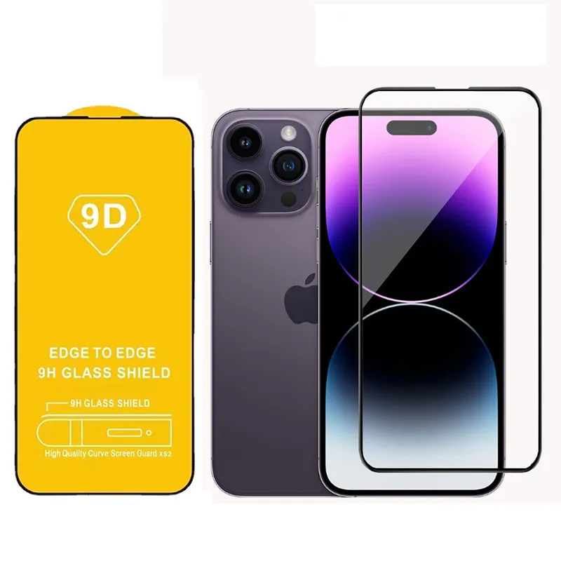 9D Tempered Glass Full Cover Screen Protector för iPhone15 9H Glass Shield iPhone 15 14 12 13 Pro Max 7 8 Plus Samsung Huawei Front Films