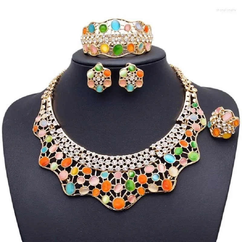 Necklace Earrings Set & Yulaili High Quality Dubai Gold Colorful Opal Choker Stud Bracelet Ring For Women Accessories