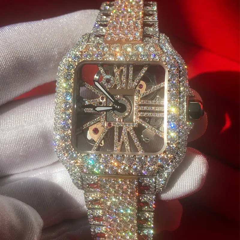 Carier Rose BP Factory Uhr Gold Moissanit Gemischt Silber Skelett Diamanten Quadratische Uhren Bestehen Test Quarzwerk Top Herren Luxus Full Iced Out Saphiruhren mit