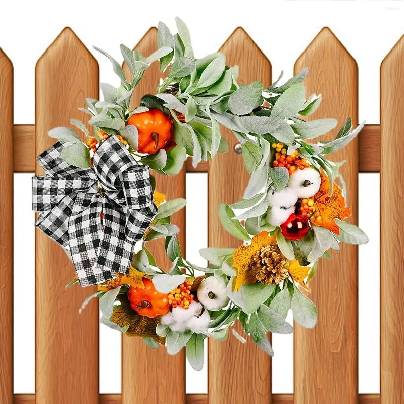 Decorative Flowers Pumpkin Wreath Thanksgiving With Green Leaves Autumn Artificial Harvest For Front Door