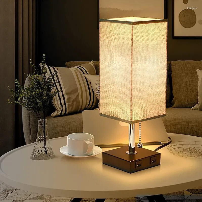 Настольные лампы, скандинавская прикроватная лампа, выдвижной переключатель, настольная ночная подставка с 2 USB-зарядками, льняной абажур для домашнего декора спальни, освещение