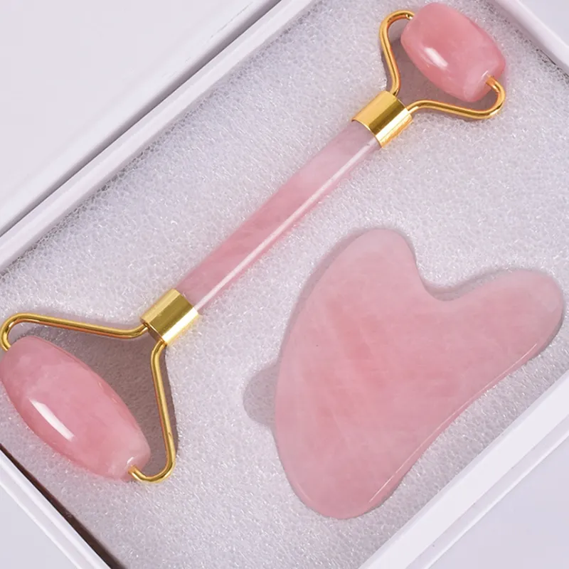 20 Stück natürliche rosa Kristall Jade Roller Massagesteine Doppelkopf Rosenquarz Stein Gesichtsmassagegerät Guasha Werkzeugset mit Box