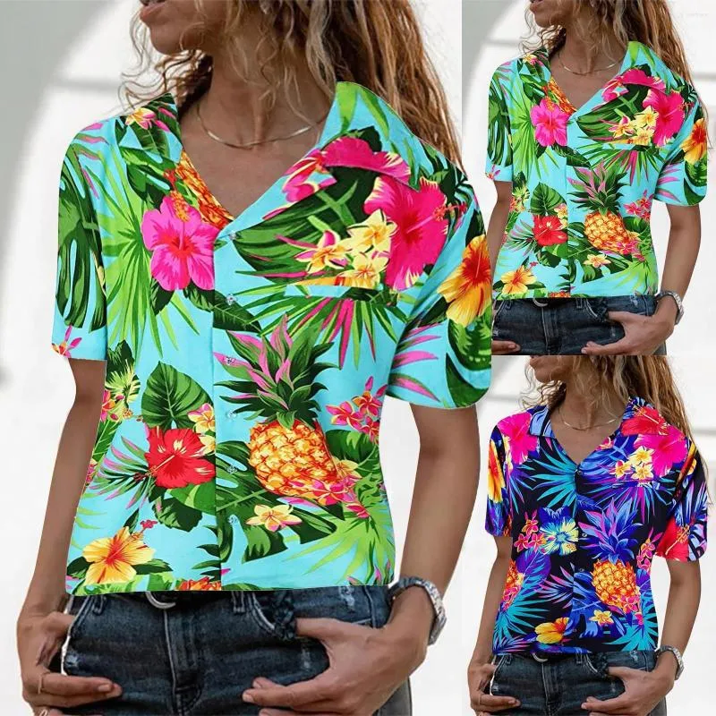 Women's Blouses Women Funky Hawaiian Shirts Blouse Frontpocket Leaves  Flowers Pineapple Print Female V-Neck Tops Beach Ladies Camisetas