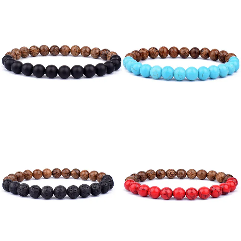 Pulseras con abalorios de hebras hechas a mano con piedra de madera Natural de 8mm para mujeres y hombres, joyería elástica a la moda