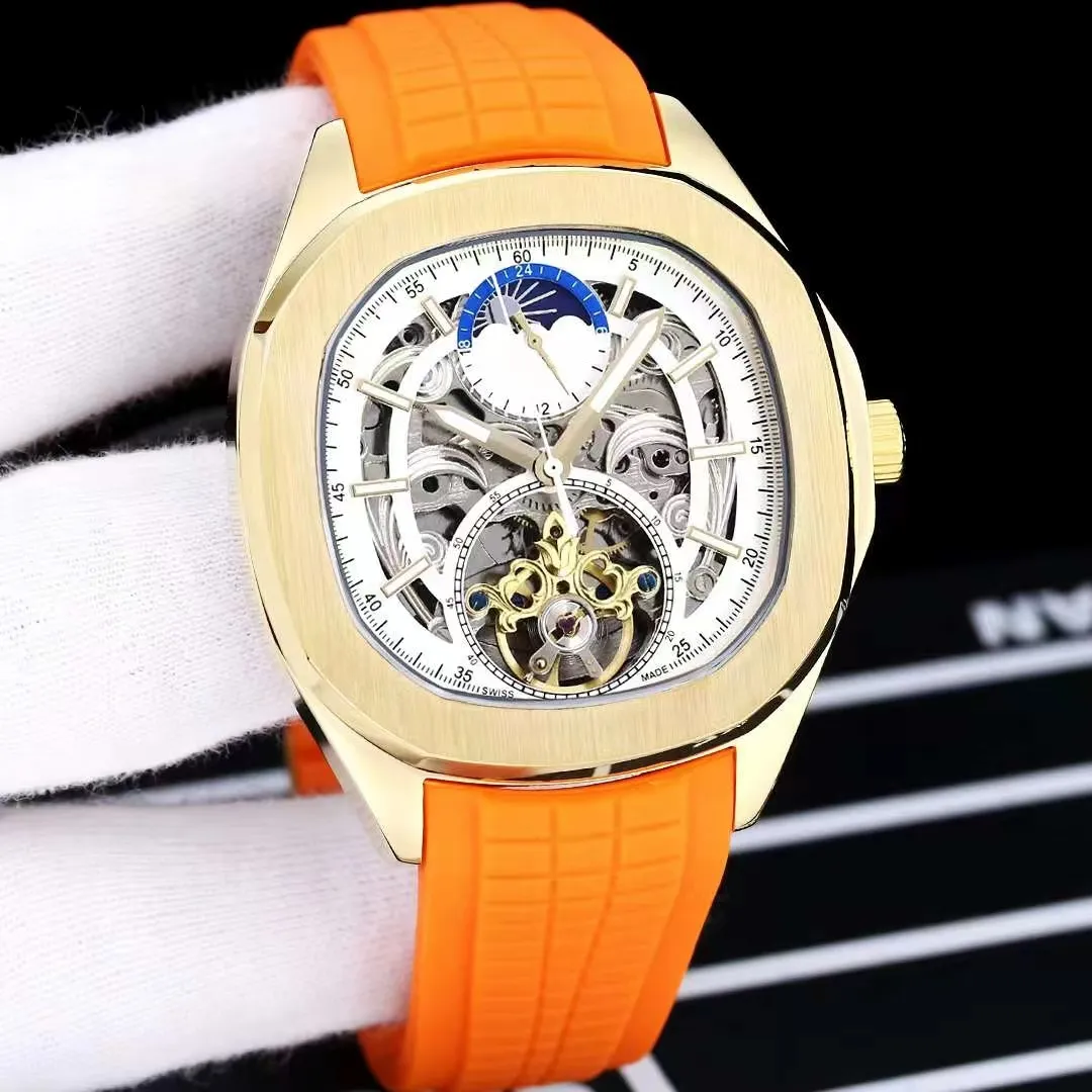 Herrmekanisk klocka 316 stålfodral ihålig kinesisk superrörelse automatisk lindande svart urtavla 46mm multifunktion timing sportgummi bälte nautilus klockor