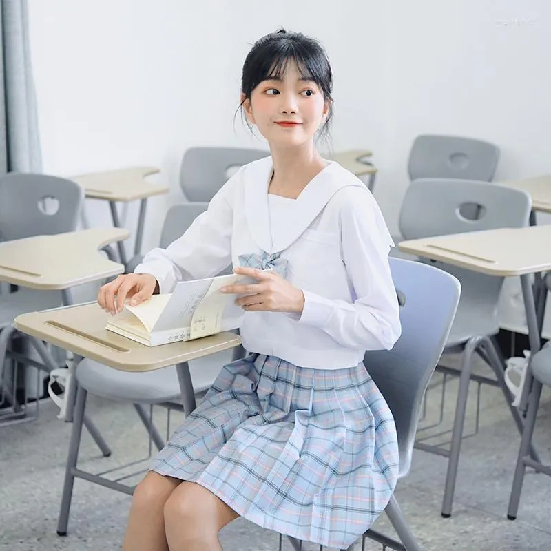 Clothing Sets Long Sleeve Japanese Style Student Girls School Uniform Sailor Shirt Pleated Skirt Set Woman Cosplay Costumes Sexy Navy JK