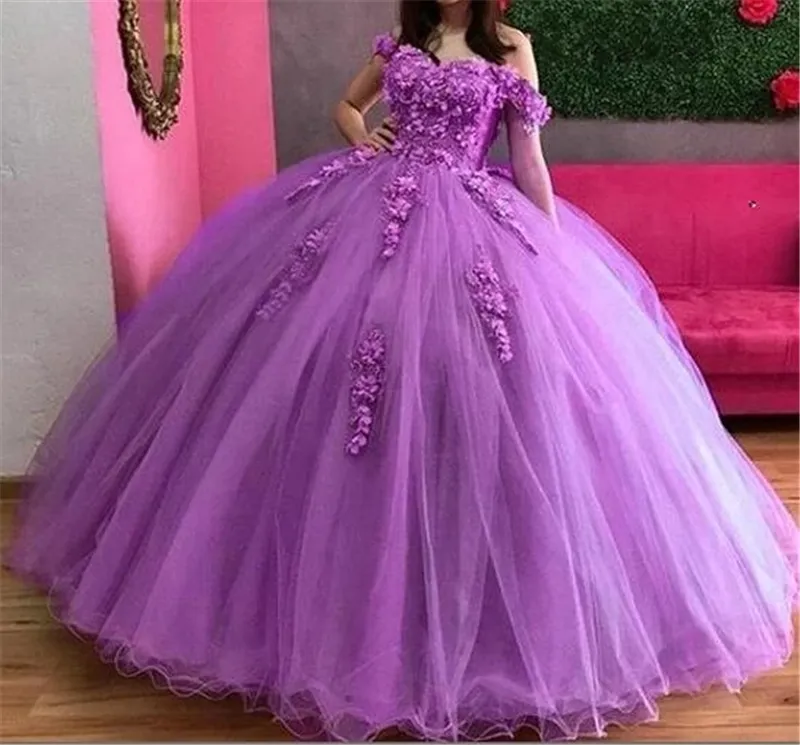 Lila Sweetheart vestido De fiesta Vestidos De quincea era para 15 fiesta apliques De moda fuera Del hombro Cenicienta fiesta De cumplea os Vestidos De