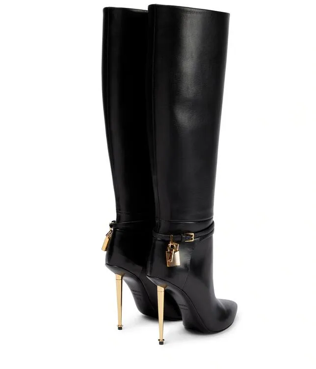 أنيقة Lady Winter Luxury Brands Badlock Boot Boot Boot Boot Gildto Heel Women Long Knee Boots Gold Hardware Lock and Key-key wdding Lady Booties Big Size Euro 35-43