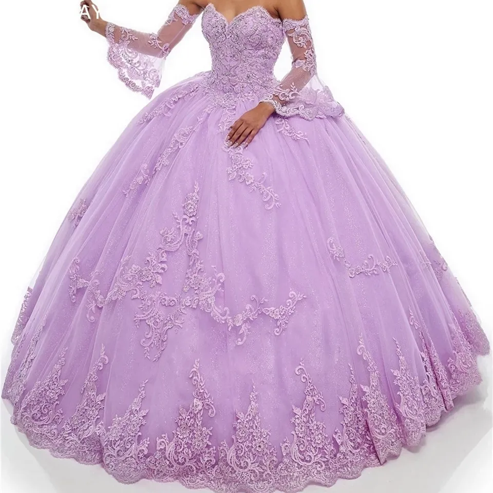 Lila sweetheart spets prinsessa applikationer sexiga prom quinceanera klänningar bollklänningar födelsedagsfest söt 16 vestidos de 15 anos