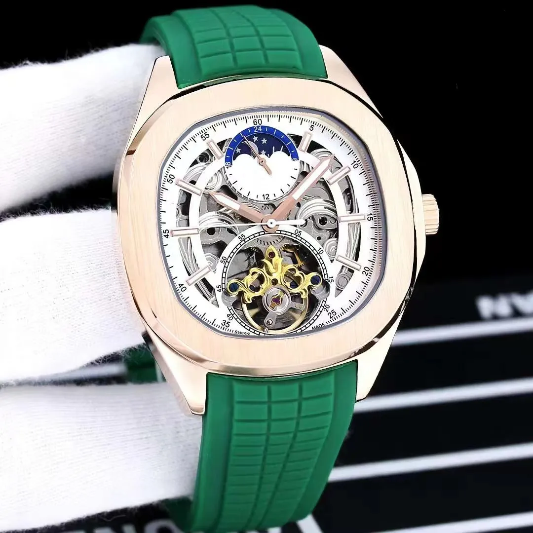 Herrmekanisk klocka 316 st￥lfodral ih￥lig kinesisk superr￶relse automatisk lindning rosguld urtavla 46mm flerf￤rgad gummi b￤lte nautilus klocka