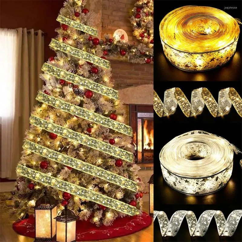 Strings 4m kerstdecoratie LED Ribbon Lights Tree Ornamenten Diy Lace Bows String Navidad Home Decors Jaar