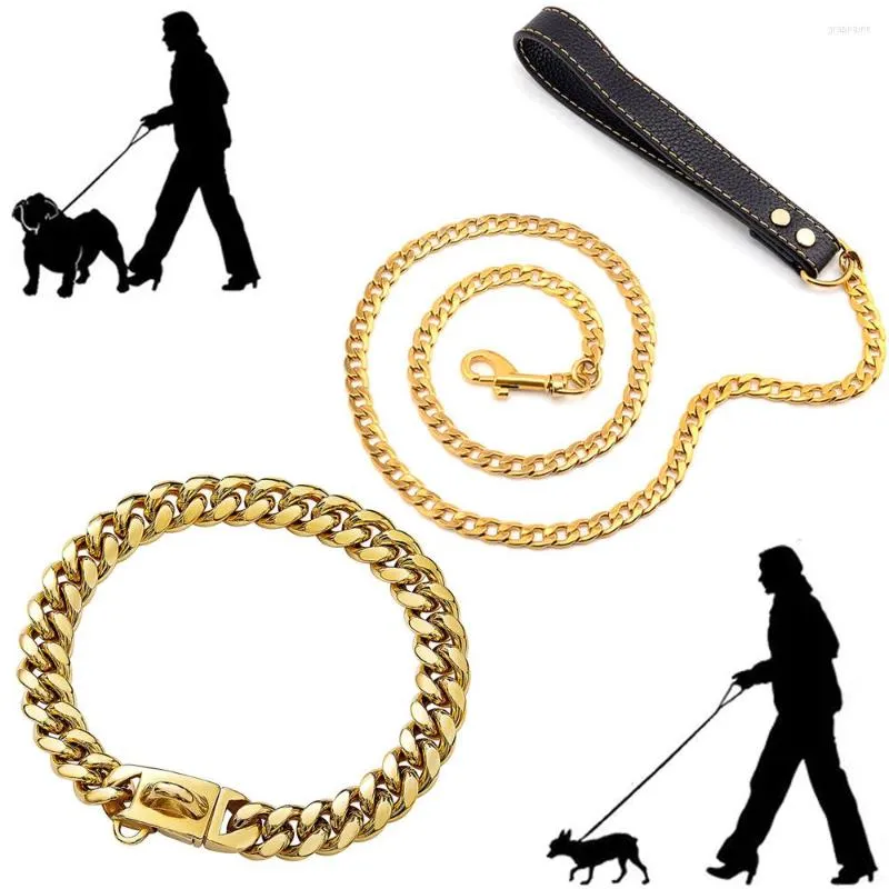 Coleiras para cachorros 18K Golden Dogs Leash Com Collar Suit Cuban Link Chain Steel Inoxidável Pet Safety PU Leather Handle For Lead