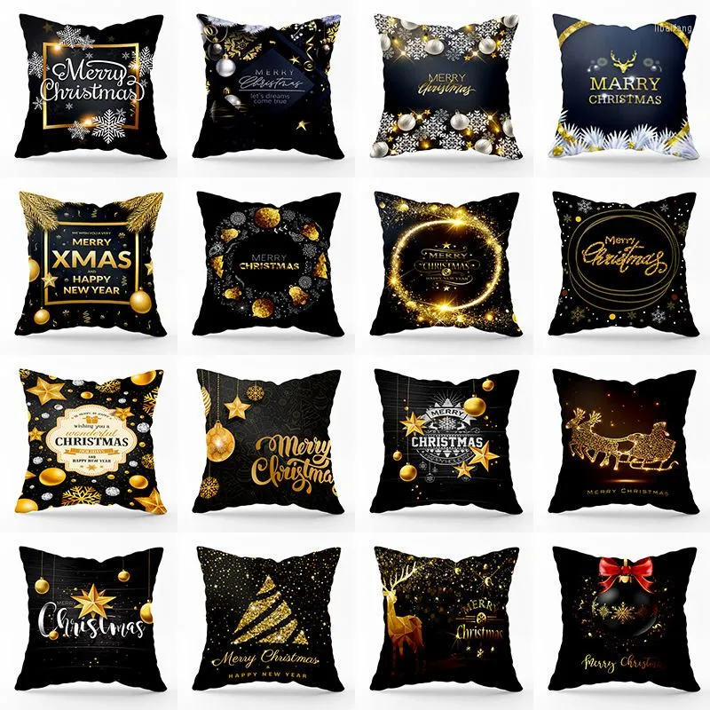 Christmas Decorations Black Pillow Covers With Gold Printing Pillowcase Ornaments Multi Pattern Xmas Gift Cushion Cover