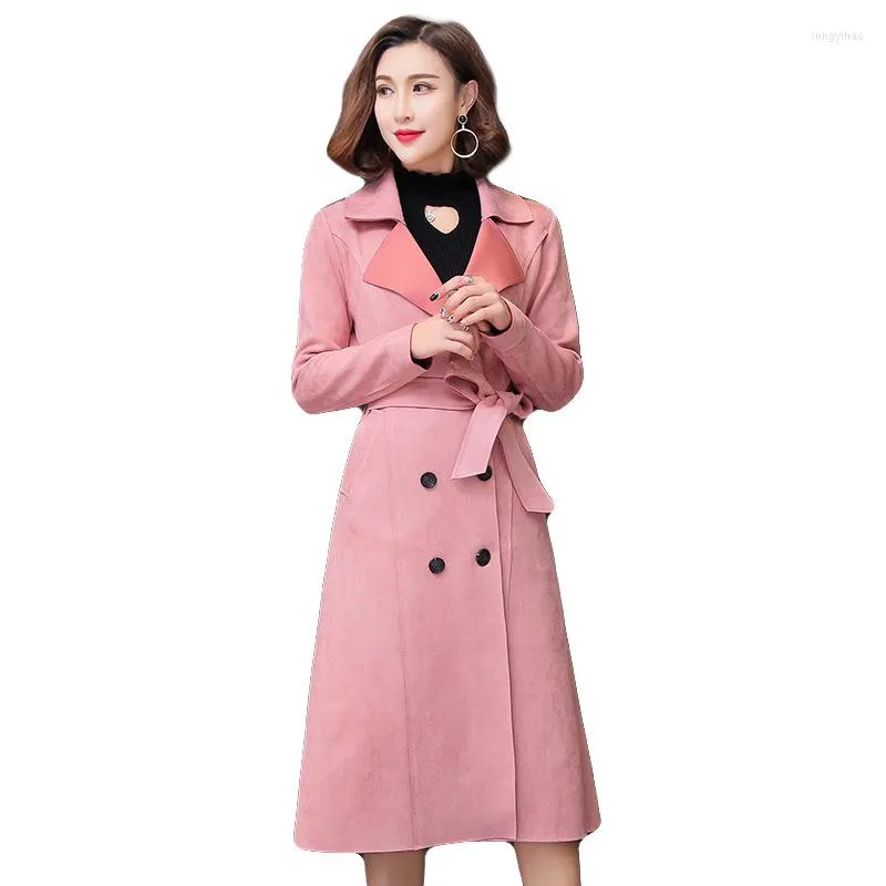 Women's Trench Coats Women Turn Down Collar Sash Suede Coat Casual Double-breasted Pocket Long Autumn Outwear Overcoat Female Windbreaker