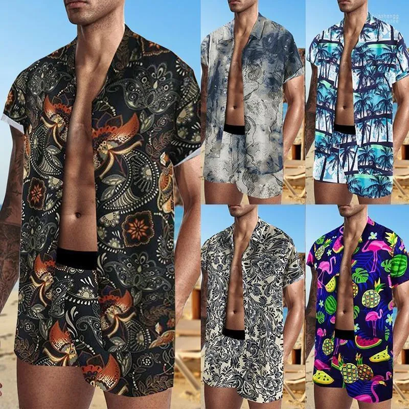 Heren tracksuits Men Hawaiian Sets 2022 Zomer afdrukken Korte mouwen Knop Shirt Strand Short Shorts Sand Tweedelig Casual Mens Suit heren