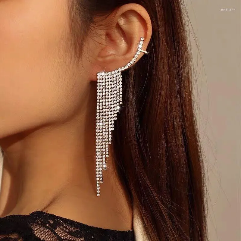 Orecchini pendenti Freetry lusso cristallo lucido nappa lunga per le donne squisito strass catena irregolare polsino dell'orecchio gioielli di moda regali