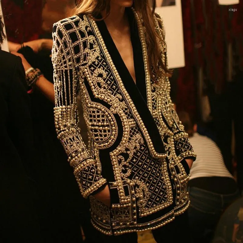 Женские костюмы роскошные бисеро-дизайн печатный пиджак для женщин V-образный вырез с длинным рукавом осенние куртки перекрывать пальто модное жемчужное пальто
