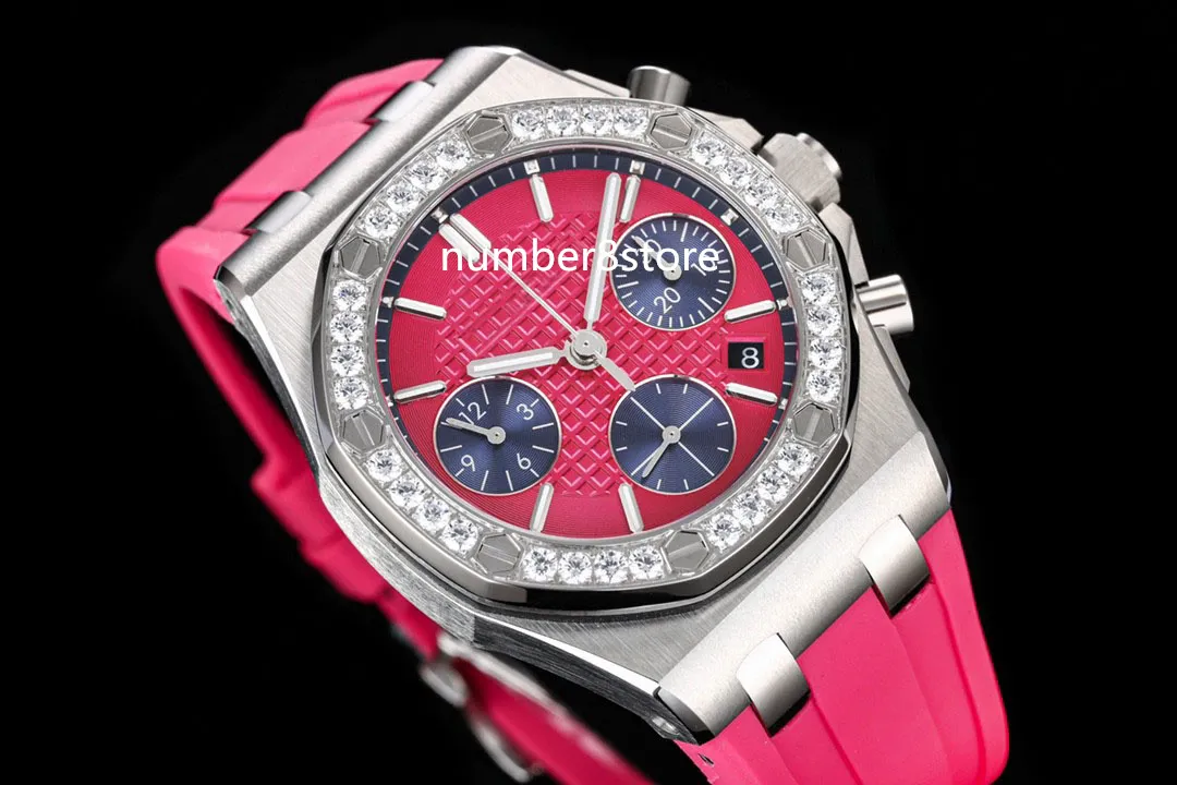 Fuchsia Grande Tapisserie Cadran Montre Femme Diamants Montres Femme Acier Inoxydable 7750 Chronographe Flyback Automatique Cristal Saphir Montre-Bracelet De Luxe 38mm