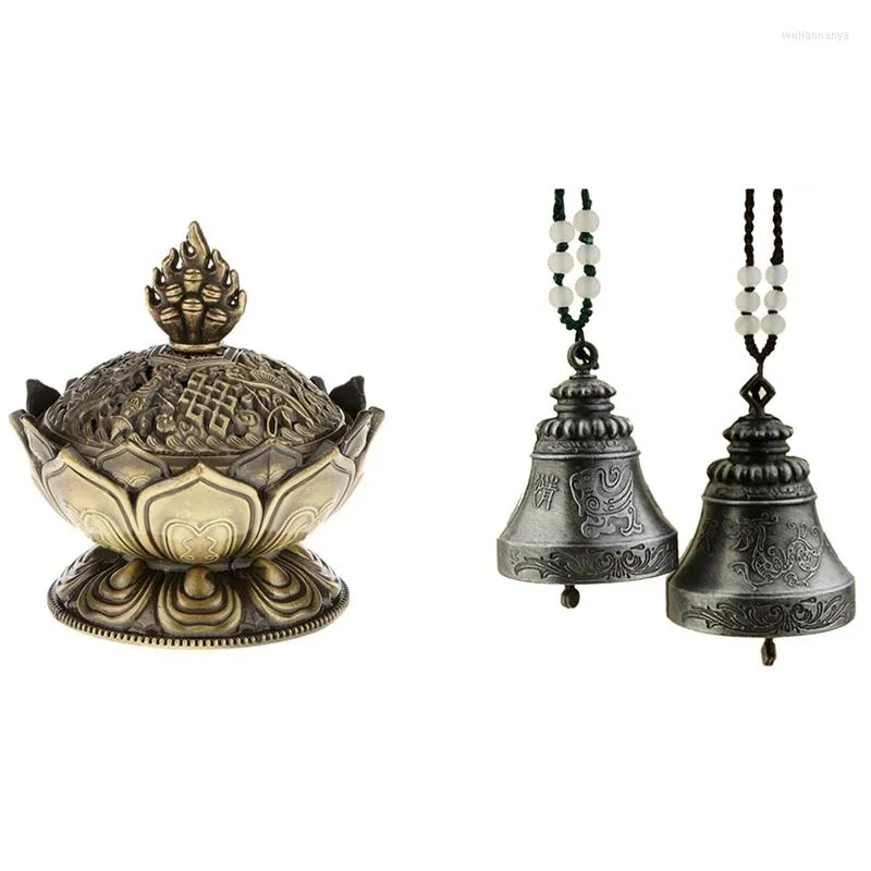 Fragrance Lamps Lotus Incense Smoke Cone Aroma Burner Stove Backflow Censer With 2Pcs Chinese Vintage Dragon Phoenix Wind Chime Bell