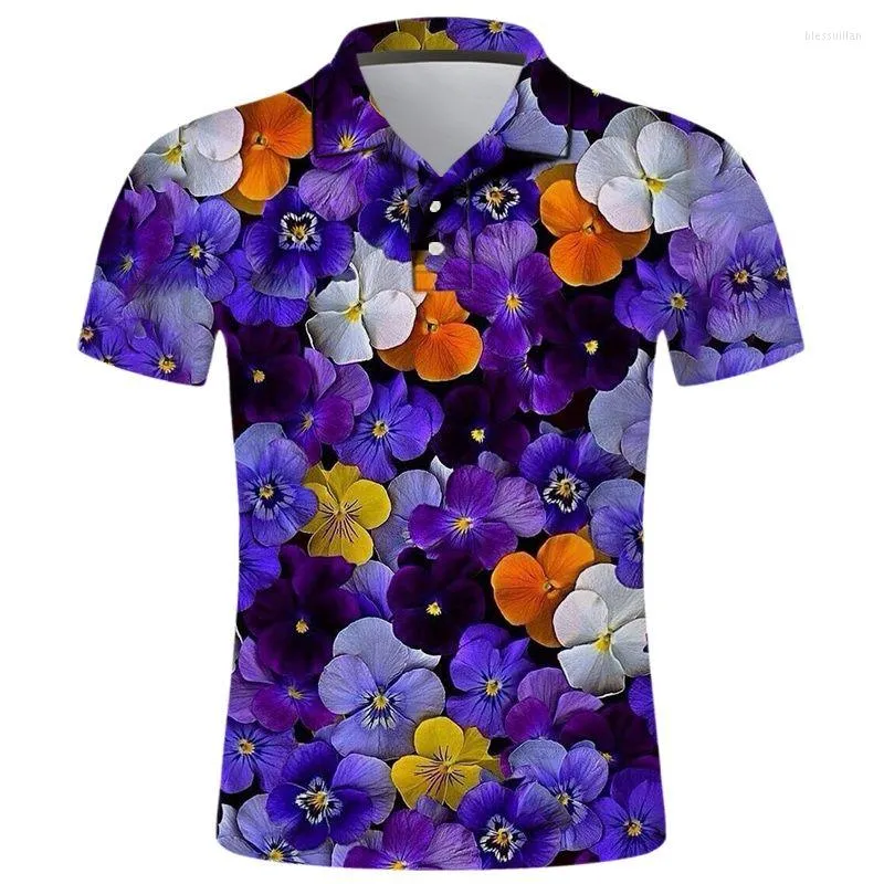 Herrpolos ropa de hombre sommar kort ￤rm polo homme blommor streetwear m￤n 3d tryckt skjorta mode casual harajuku cool topps