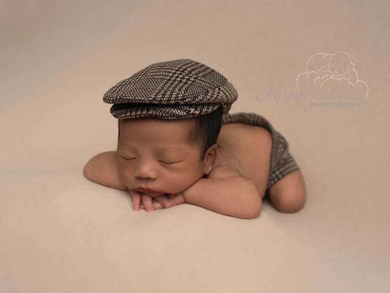 Newborn Photography Props Plaid Jeans Outfit For Christening For Baby Boy With Hat And Pants