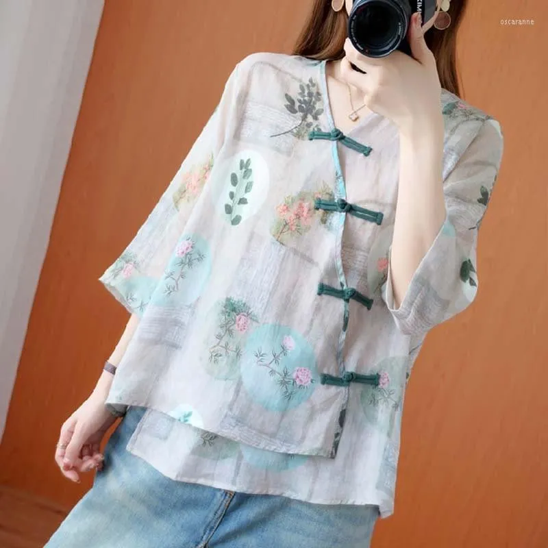 Etnische kleding Chinese stijl Vrouwen 2022 Zomer Cheongsam Top Katoen losse chemise Oversize Femme Tunics Floral Vintage Shirts 11387