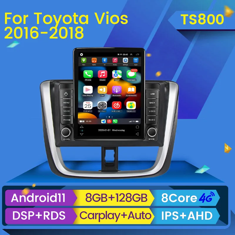 Lecteur dvd de voiture pour Toyota Vios Yaris L 2016-2019 Android Carplay multimédia vidéo Navigation GPS BT No 2 Din