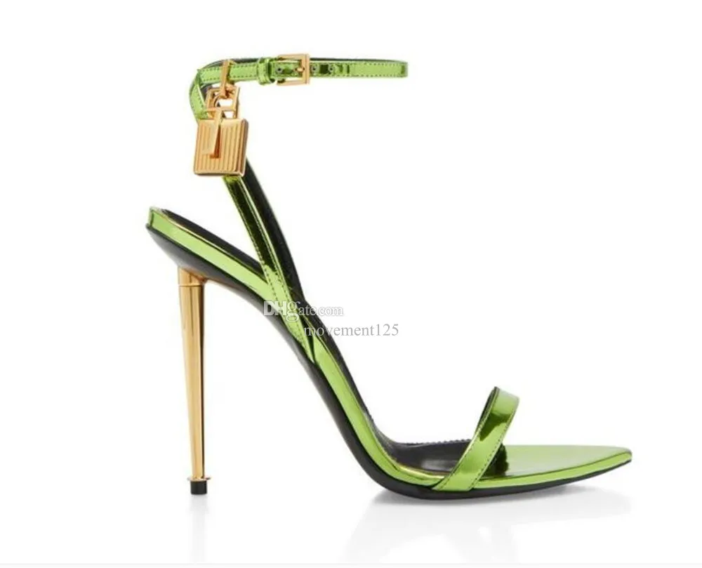 Luksusowe marki kobiety sandałowy Złoty Obcina projektant Ford-Heel Padlock błyszcząca skórzana skóra spiczasta naga sandałowa sukienka na przyjęcie