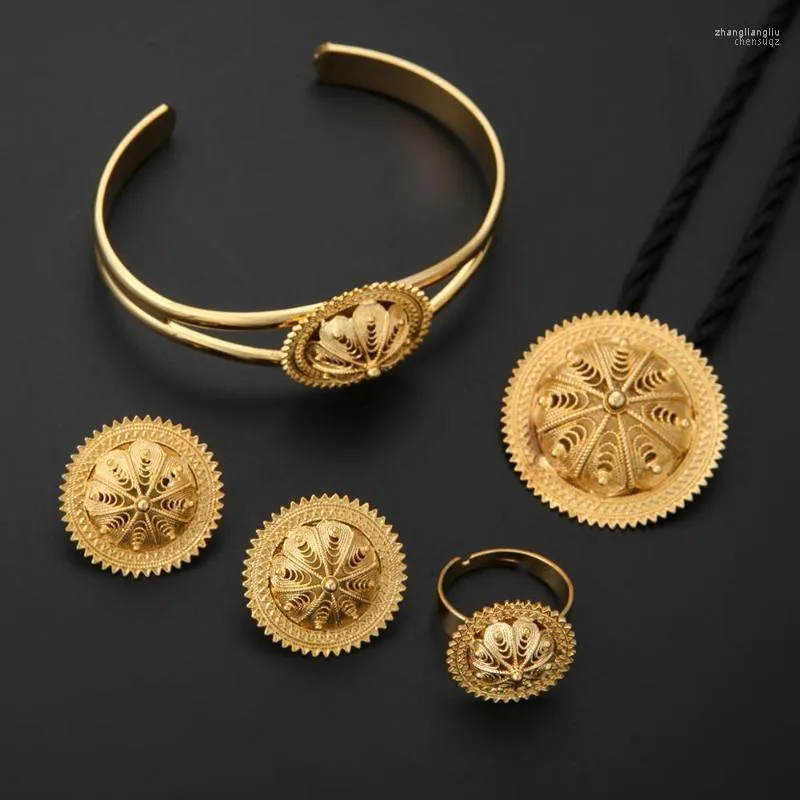 Collana Orecchini Set Gioielli tradizionali etiopi Joias Ouro Set da sposa per donne africane riempite d'oro