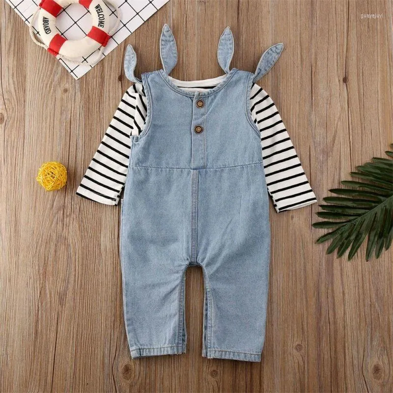 Kläderuppsättningar 2022 Autumn Baby Spring Born Toddler Boy Girl Clothing Cotton Striped Tops Denim Bib Pants Outfits Set