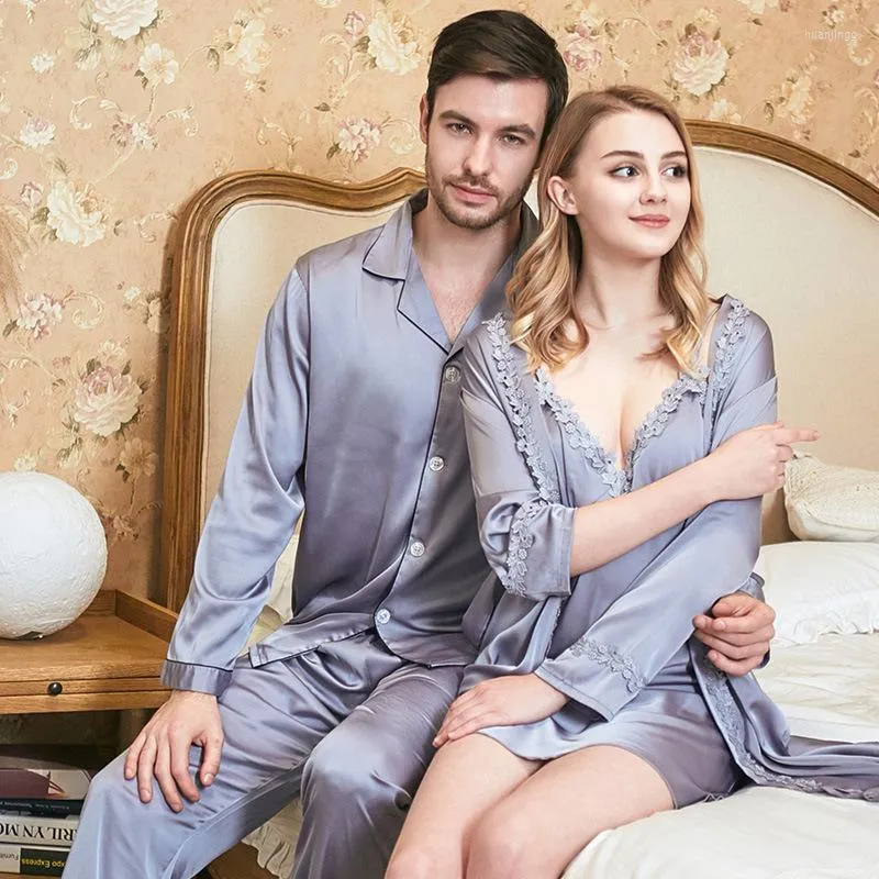 Men's Sleepwear Luxury Silk Satin Men Pajamas Set Fashion Couple Soft Long Sleeve Suit Casual 2PCS Pyjama Autumn Loungewear Homewear