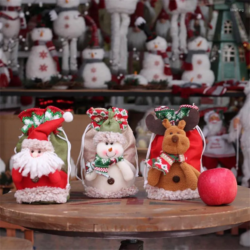 Julekorationer Santa säckar Tyg Presentväska Candy Apple Handle för Tree Home Table År 2022 Noel Xmas Presents