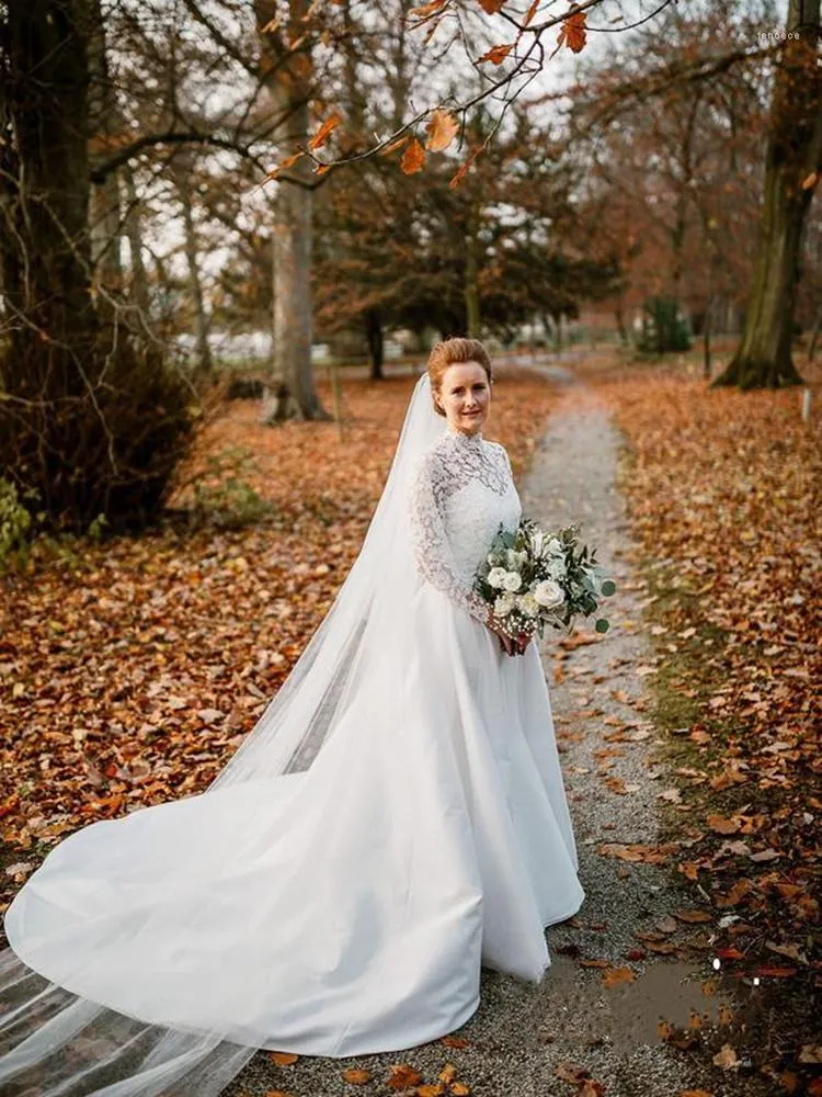 Hochzeitskleid, 2-teilig, abnehmbarer Rock, Kleider, bescheidenes Design, Spitze, Stehkragen, Langarm, A-Linie, klassische Brautkleider, Vestido De Noiva