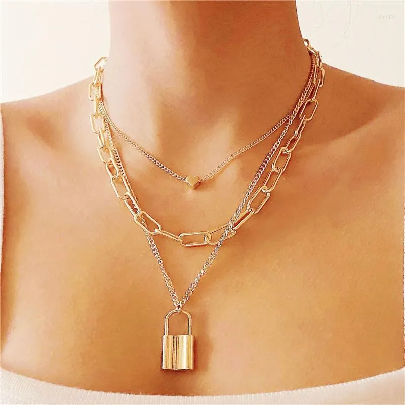 Pendant Necklaces Vintage Multi Layer Key Lock Chunky Choker For Women Heart Chains Fashion Party Women's Jewelry