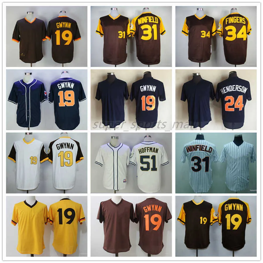 Maillot de baseball vintage 19 Tony Gwynn 24 Rickey Henderson 31 Dave Winfield 34 Rollie Fingers 51 Trevor Hoffman 1998 Maillots vierges Hommes Femmes