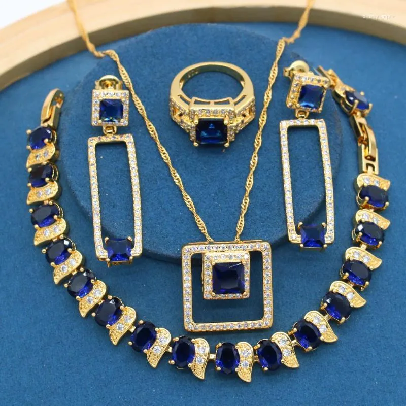 Necklace Earrings Set & Classic Blue Semi-precious Gold Color Bridal With For Women Bracelet Ring Party Birthday Gift