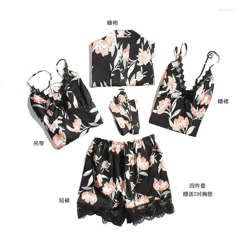 Women's Sleepwear Sexy Black Home Wear M-XL Pajamas Women 5PC Strap Top Pants Suit Sets Kimono Bath Robe Gown Bathrobe