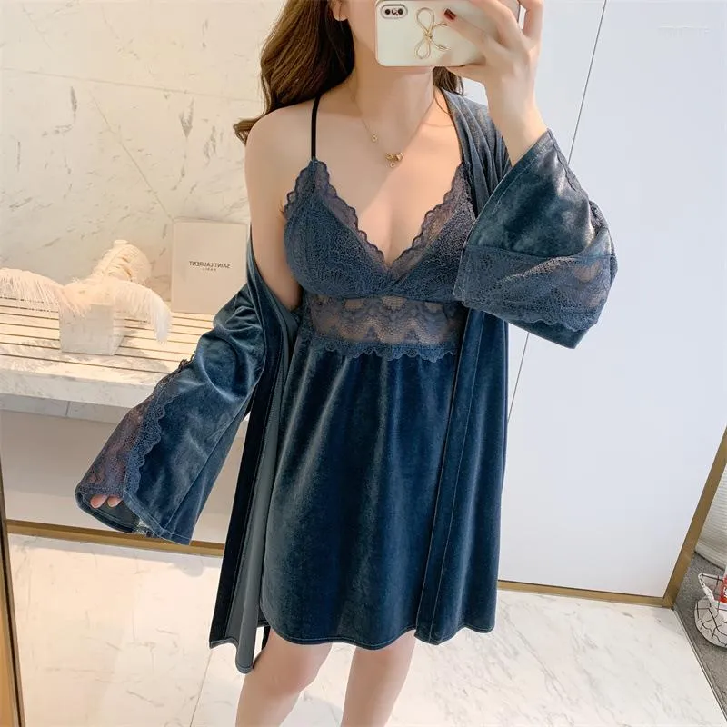 Dames slaapkleding sexy hollow out kanten bloemen robe sets bruid lingerie dressing kimono badjas jurk v-hals nachthemd herfst huis