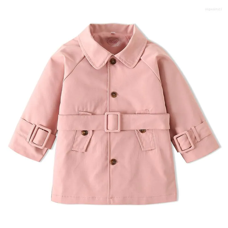 Jas Kimocat Girls Clothing Spring en herfst roze lange mouwen windvaartgordel babykinderen zoete 0-5 jaar