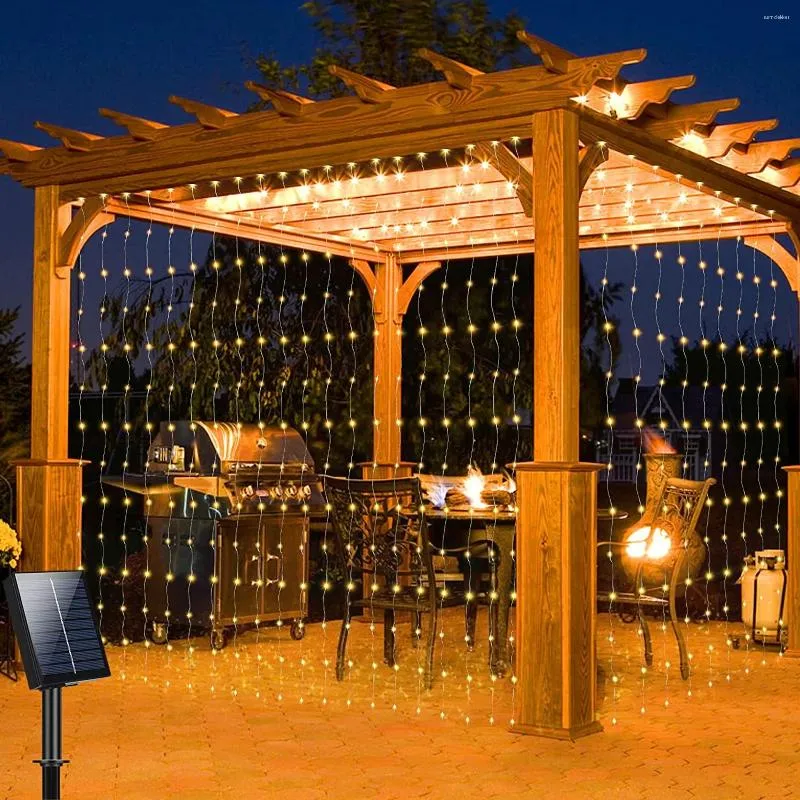 Strings 3x3m 300 LED Solar Curtain Lights String IP65 Waterdichte ijspegel waterval voor buitentuin achtertuin