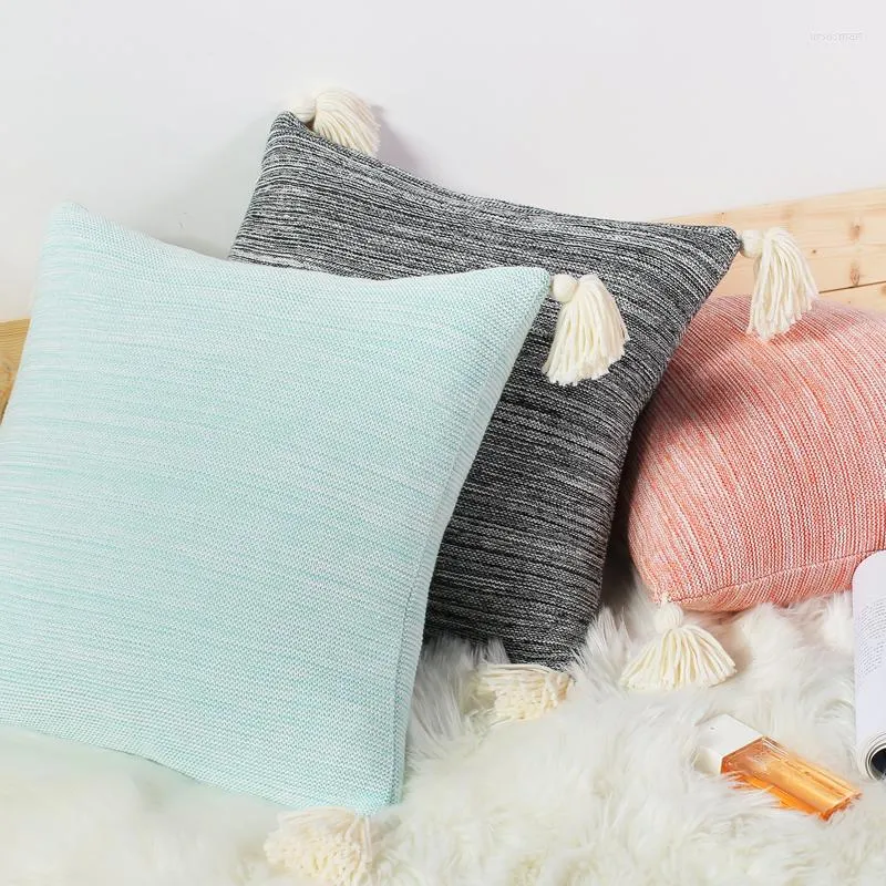 Pillow Knit Cover Vintage Pink Blue Grey Solid Case With Tassles 45cm Soft Home Decoration For Nursery Room Bed