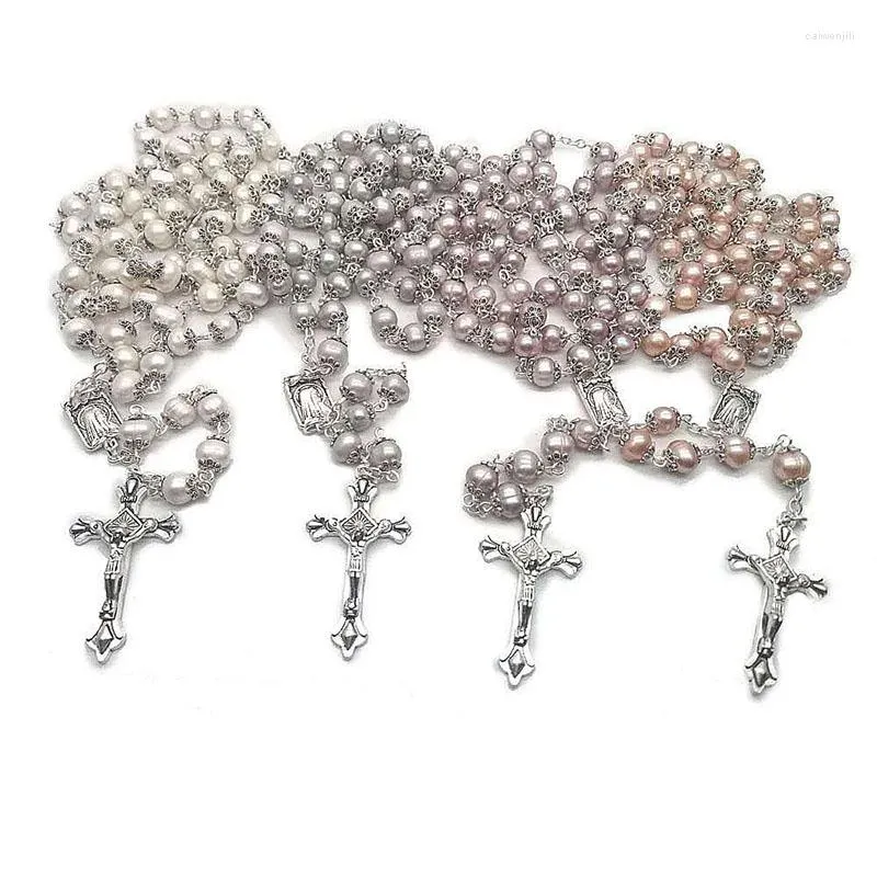 Pendant Necklaces Religious Natural Freshwater Pearl Rosary High Quality Curved Needle Cross Necklace Catholic And Can Be Given As Gift