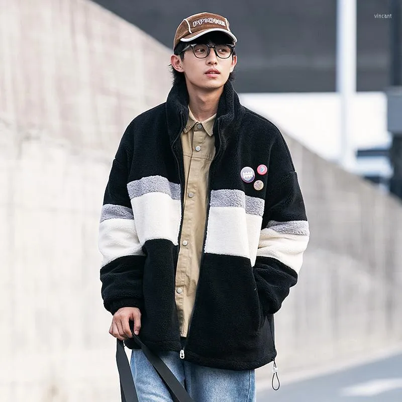 Hommes vestes 2022 hiver épissage polaire moelleux veste chaud floue fermeture éclair manteau hommes automne Hip Hop couleur unie Harajuku Streetwear