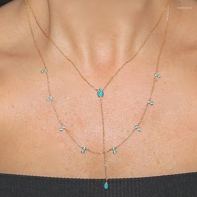 Choker Gold Color Turquoises Double Layer Necklace For Women Blue Stone Fashion Jewelry Lariat Statement Necklaces